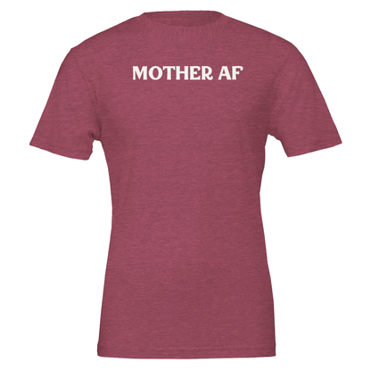 Front view of a heather raspberry t-shirt with bold white “Mother AF” lettering.
