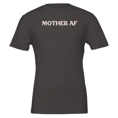 Front view of a vintage black t-shirt featuring the words “Mother AF” in soft pink-white type.