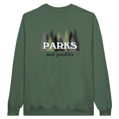 Parks Not Profits midweight fleece crewneck sweatshirt in military green with pine tree design on front.