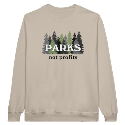 Parks Not Profits midweight fleece crewneck sweatshirt in sand with pine tree design on front.