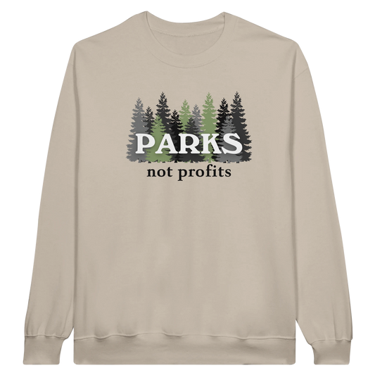 Parks Not Profits midweight fleece crewneck sweatshirt in sand with pine tree design on front.