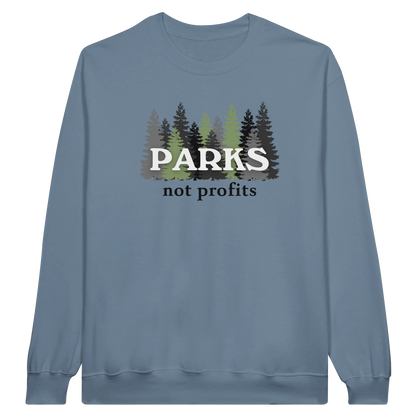Parks Not Profits midweight fleece crewneck sweatshirt in stone blue with pine tree design on front.