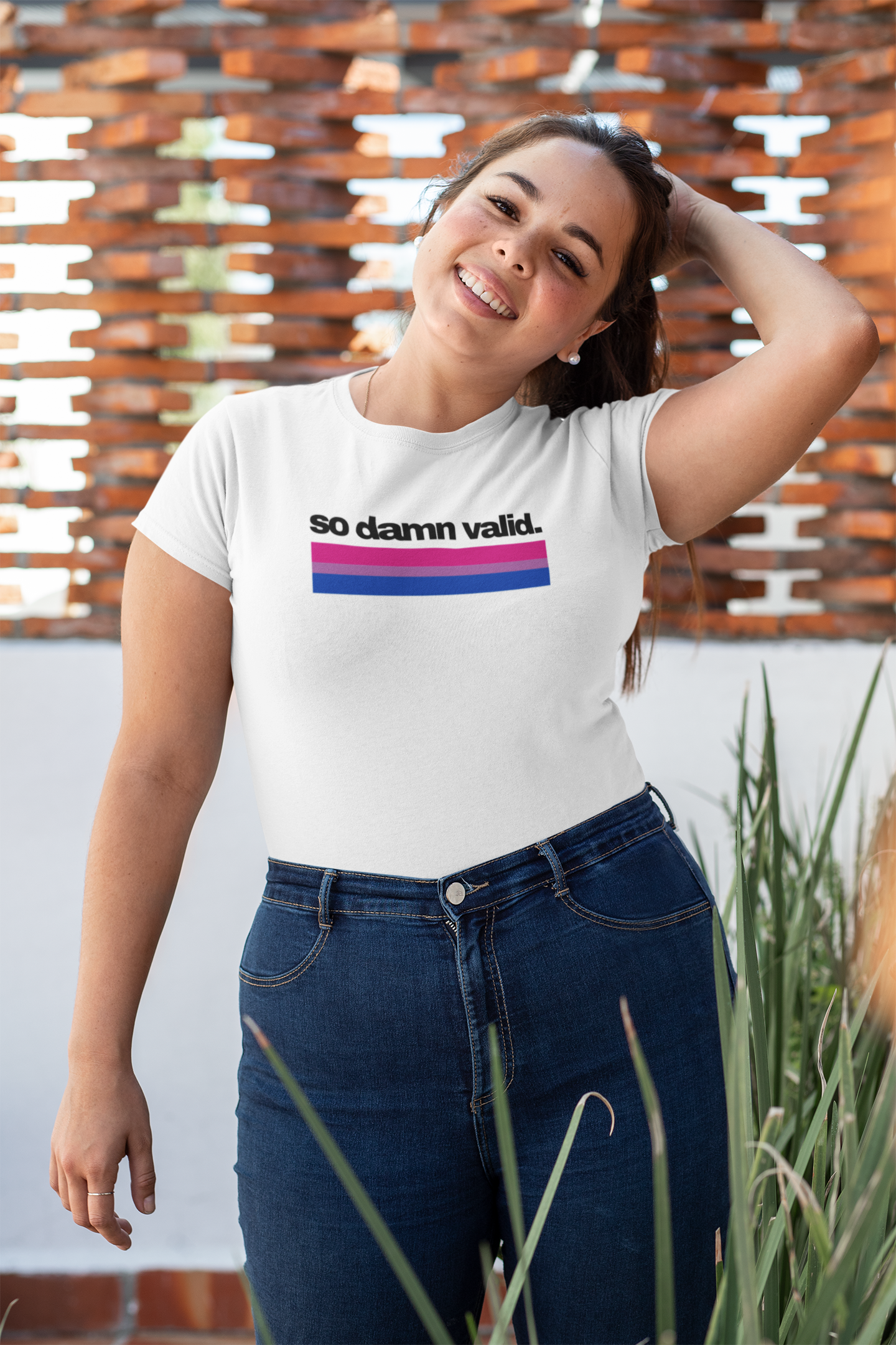 Unisex white t-shirt with the phrase "so damn valid." in black text above horizontal bisexual pride stripes in pink, purple, and blue.