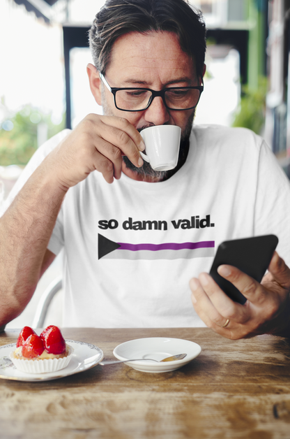 Unisex white t-shirt with the phrase "so damn valid." in black text above a demisexual pride flag arrow in black, gray, white, and purple.