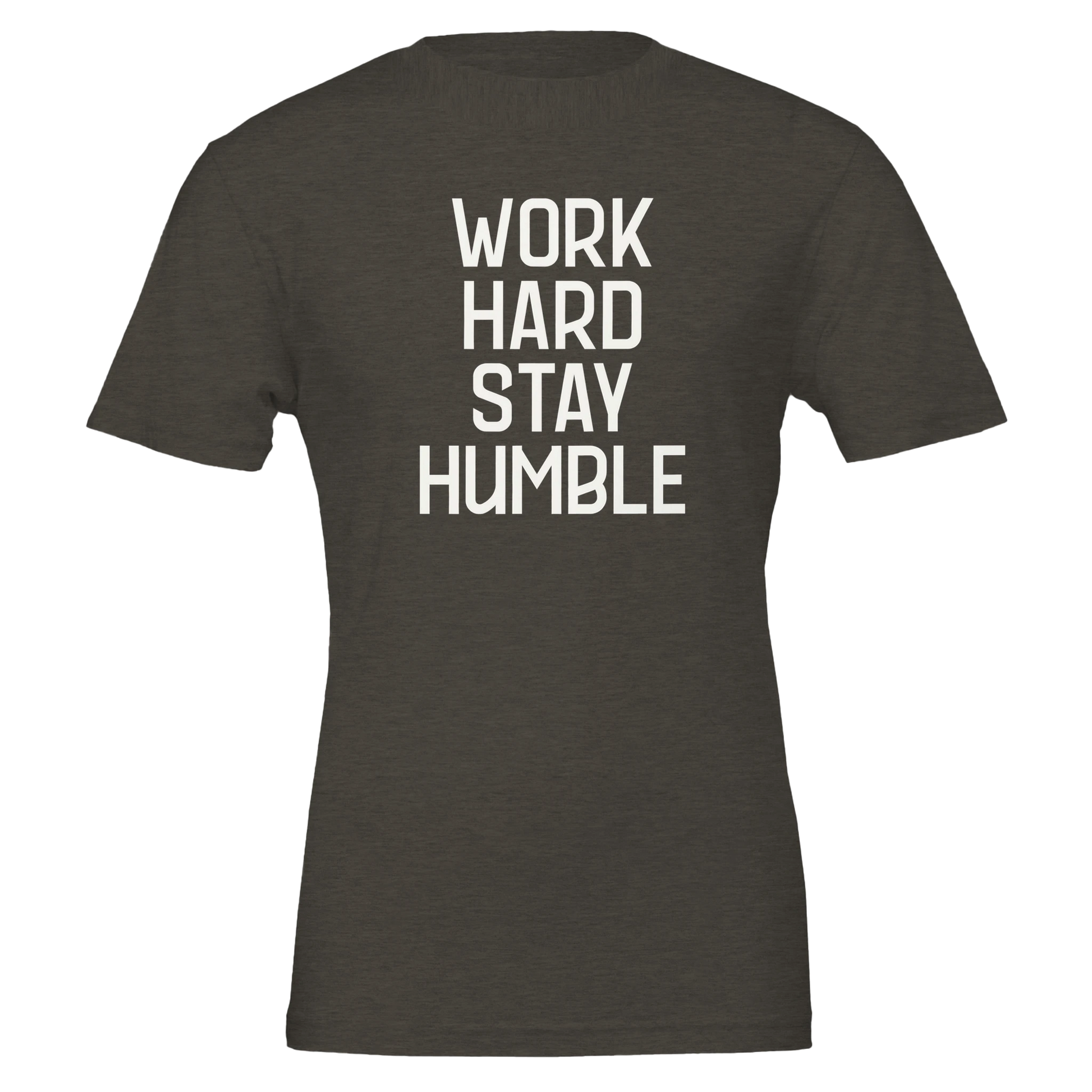 Heather black  t-shirt with “Work Hard Stay Humble” printed in bold vertical white lettering – front view.